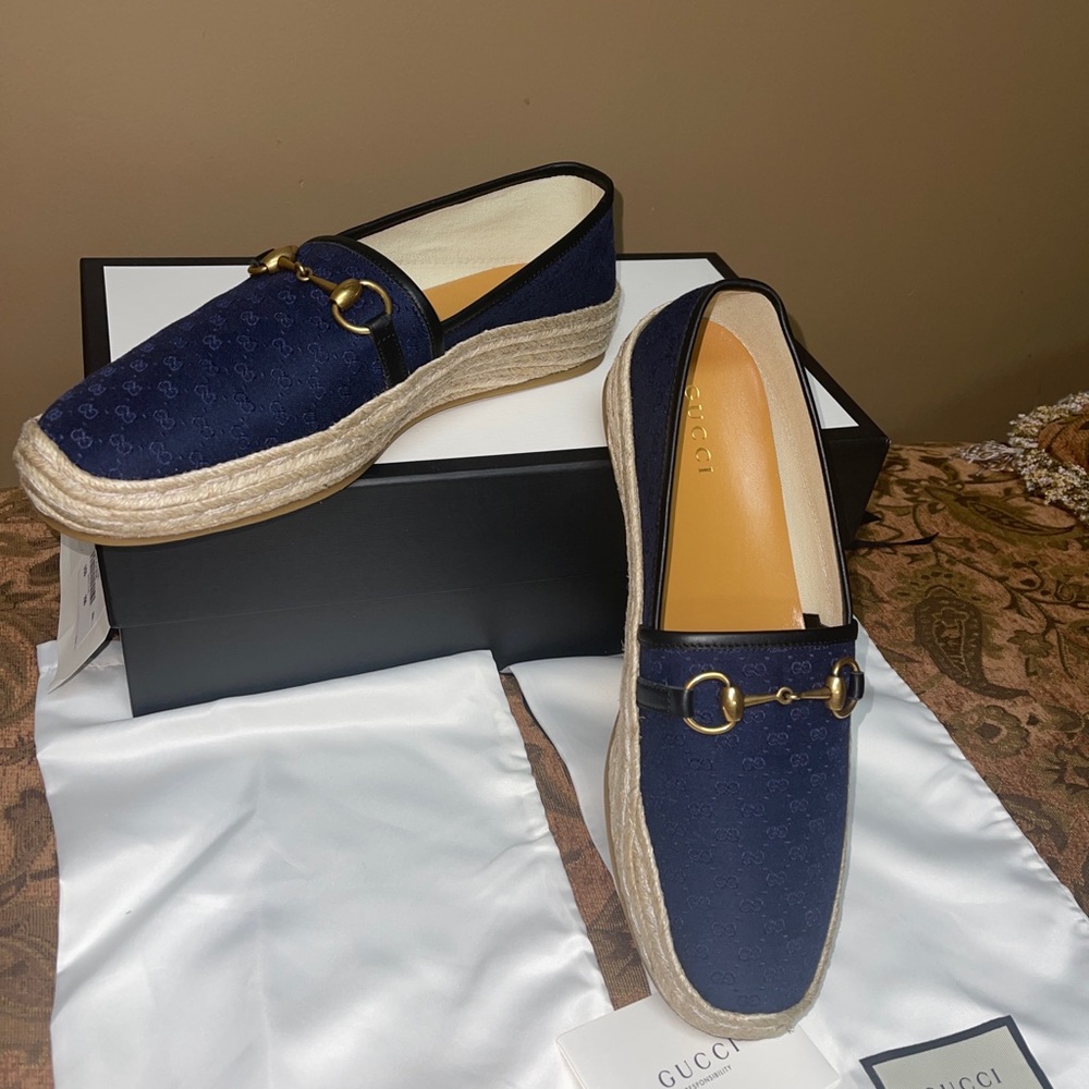 Gucci London Blue GG  Mignon Soft Canvas Horsebit Flat Espadrilles Men Sz 11 NIB - Picture 5 of 15